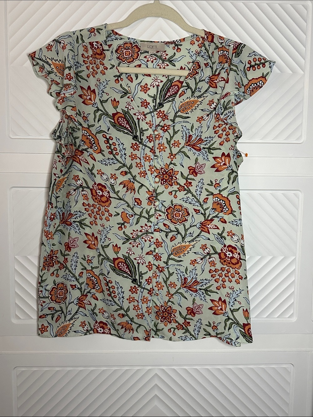 LOFT Mint Floral Short-Sleeve Ruffle Blouse